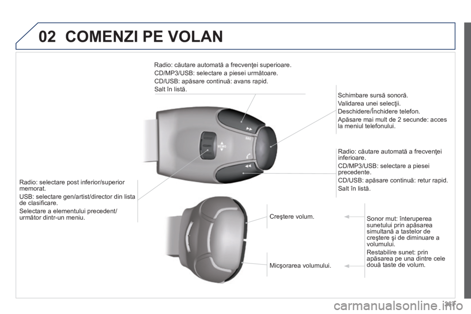Peugeot 308 2014 Manualul de utilizare (in Romanian) 02
367
308_RO_CHAP10D_RD45_ED02_2013
COMENZI PE VOLAN
Radio: selectare post inferior/superior memorat.
USB: selectare gen/artist/director din lista USB: selectare gen/artist/director din lista de Peugeot 308 2014 Manualul de utilizare (in Romanian) 02
367
308_RO_CHAP10D_RD45_ED02_2013
COMENZI PE VOLAN
Radio: selectare post inferior/superior memorat.
USB: selectare gen/artist/director din lista USB: selectare gen/artist/director din lista de
