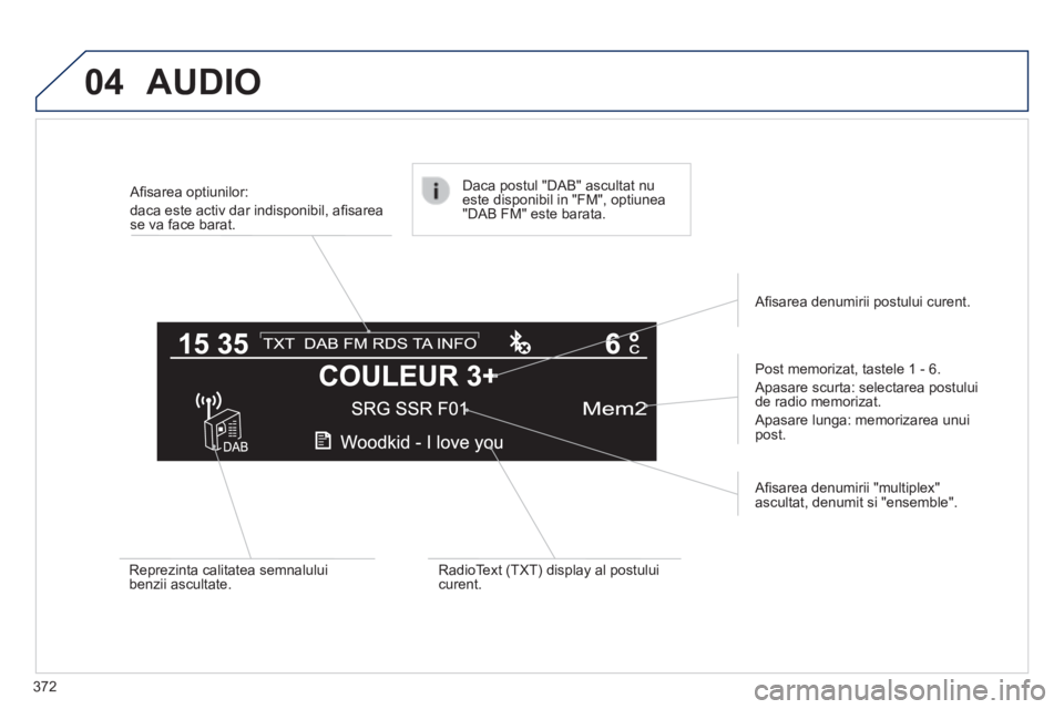 Peugeot 308 2014 Manualul de utilizare (in Romanian) 04
372
308_RO_CHAP10D_RD45_ED02_2013
Afi sarea optiunilor:
daca este activ dar indisponibil, afi sarea se va face barat.
Post memorizat, tastele 1 - 6 .
Apasare scurta: selectarea postului de Peugeot 308 2014 Manualul de utilizare (in Romanian) 04
372
308_RO_CHAP10D_RD45_ED02_2013
Afi sarea optiunilor:
daca este activ dar indisponibil, afi sarea se va face barat.
Post memorizat, tastele 1 - 6 .
Apasare scurta: selectarea postului de
