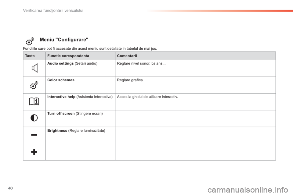 Peugeot 308 2014  Manualul de utilizare (in Romanian) 40
Verificarea funcţionării vehiculului
308_RO_CHAP01_CONTROLE DE MARCHE_ED02-2013
 Functiile care pot fi accesate din acest meniu sunt detaliate in tabelul de mai jos. 
Meniu "Conﬁ gurare"