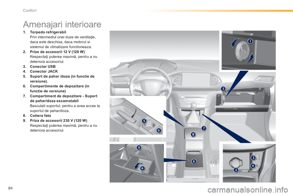 Peugeot 308 2014  Manualul de utilizare (in Romanian) 84
Confort
308_RO_CHAP03_CONFORT_ED02-2013
                              Amenajari interioare 
1.    Torpedo refrigerabil       Prin intermediul unei duze de ventilaţie, daca este deschisa, daca moto