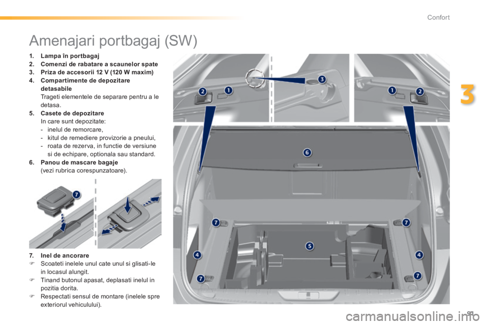 Peugeot 308 2014  Manualul de utilizare (in Romanian) 91
3
Confort
308_RO_CHAP03_CONFORT_ED02-2013
                 Amenajari portbagaj (SW)  
1.    Lampa în por tbagaj2.    Comenzi de rabatare a scaunelor spate3.    Priza de accesorii 12 V (120 W maxim