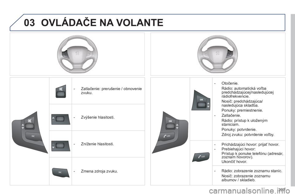 Peugeot 308 2014  Užívateľská príručka (in Slovak) 03
297
308_sk_Chap10c_SMEGplus_ed02-2013
 OVLÁDAČE NA VOLANTE 
   -   Zatlačenie: prerušenie / obnovenie zvuku.  
   -   Zvýšenie hlasitosti.  
   -   Zníženie hlasitosti.  
   -   Zmena zdroj