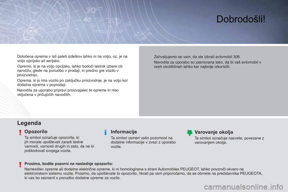 Peugeot 308 2014 Priročnik za lastnika (in Slovenian) Dobrodošli!
Legenda
Opozorilo
Ta simbol označuje opozorila, ki jih morate upoštevati zaradi lastne varnosti, varnosti drugih in zato, da ne bi poškodovali svojega vozila.
Informacij Peugeot 308 2014 Priročnik za lastnika (in Slovenian) Dobrodošli!
Legenda
Opozorilo
Ta simbol označuje opozorila, ki jih morate upoštevati zaradi lastne varnosti, varnosti drugih in zato, da ne bi poškodovali svojega vozila.
Informacij