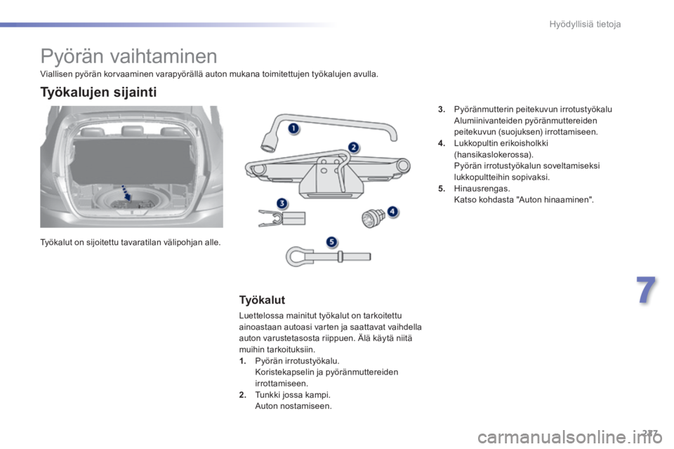 Peugeot 308 2014 Omistajan käsikirja (in Finnish) 227
7
Hyödyllisiä tietoja
308_fi_Chap07_info pratiques_ed02-2013
Pyörän vaihtaminen
Työkalut on sijoitettu tavaratilan välipohjan alle.
Työkalujen sijainti
Ty ö k a l Peugeot 308 2014 Omistajan käsikirja (in Finnish) 227
7
Hyödyllisiä tietoja
308_fi_Chap07_info pratiques_ed02-2013
Pyörän vaihtaminen
Työkalut on sijoitettu tavaratilan välipohjan alle.
Työkalujen sijainti
Ty ö k a l