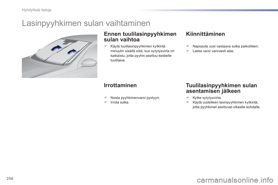 Peugeot 308 2014 Omistajan käsikirja (in Finnish) 256
Hyödyllisiä tietoja
308_fi_Chap07_info pratiques_ed02-2013
Lasinpyyhkimen sulan vaihtaminen
Ennen tuulilasinpyyhkimen
sulan vaihtoa
Irrottaminen
Kiinnittäminen
Tuulilasin Peugeot 308 2014 Omistajan käsikirja (in Finnish) 256
Hyödyllisiä tietoja
308_fi_Chap07_info pratiques_ed02-2013
Lasinpyyhkimen sulan vaihtaminen
Ennen tuulilasinpyyhkimen
sulan vaihtoa
Irrottaminen
Kiinnittäminen
Tuulilasin
