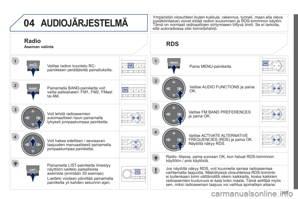 Peugeot 308 2014 Omistajan käsikirja (in Finnish) 04
SRC
BAND
LIST
MENU
369
308_fi _Chap10d_RD45_ed02_2013
AUDIOJÄRJESTELMÄ
Valitse radion kuuntelu RC-painikkeen perättäisillä painalluksilla.
Painamalla BAND-painiketta voit valita aal Peugeot 308 2014 Omistajan käsikirja (in Finnish) 04
SRC
BAND
LIST
MENU
369
308_fi _Chap10d_RD45_ed02_2013
AUDIOJÄRJESTELMÄ
Valitse radion kuuntelu RC-painikkeen perättäisillä painalluksilla.
Painamalla BAND-painiketta voit valita aal