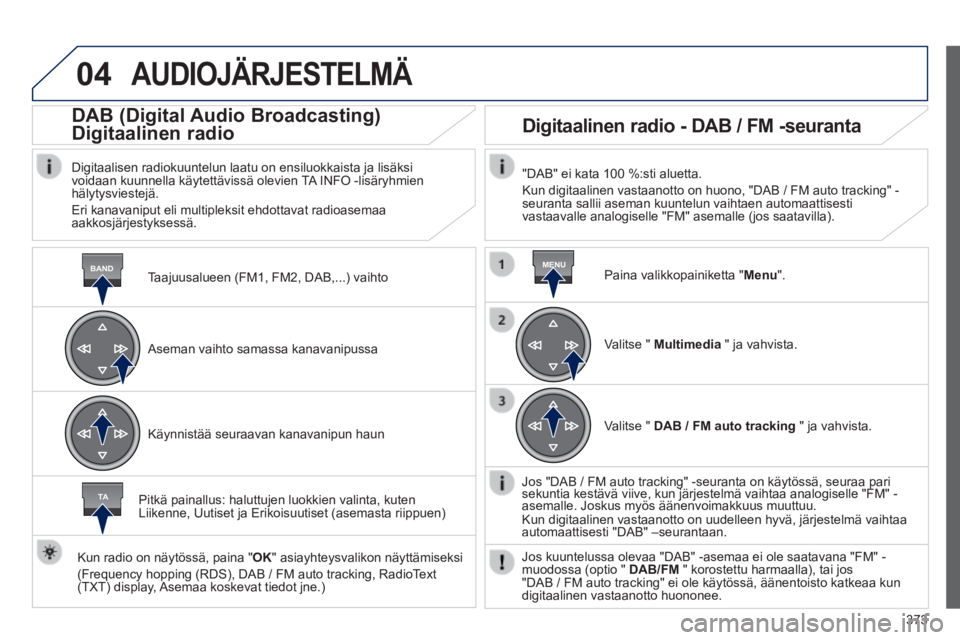 Peugeot 308 2014 Omistajan käsikirja (in Finnish) 04
BANDMENU
TA
373
308_fi _Chap10d_RD45_ed02_2013
AUDIOJÄRJESTELMÄ
Taajuusalueen (FM1, FM2, DAB,...) vaihto
DAB (Digital Audio Broadcasting)
Digitaalinen radio
Digitaalisen radi Peugeot 308 2014 Omistajan käsikirja (in Finnish) 04
BANDMENU
TA
373
308_fi _Chap10d_RD45_ed02_2013
AUDIOJÄRJESTELMÄ
Taajuusalueen (FM1, FM2, DAB,...) vaihto
DAB (Digital Audio Broadcasting)
Digitaalinen radio
Digitaalisen radi
