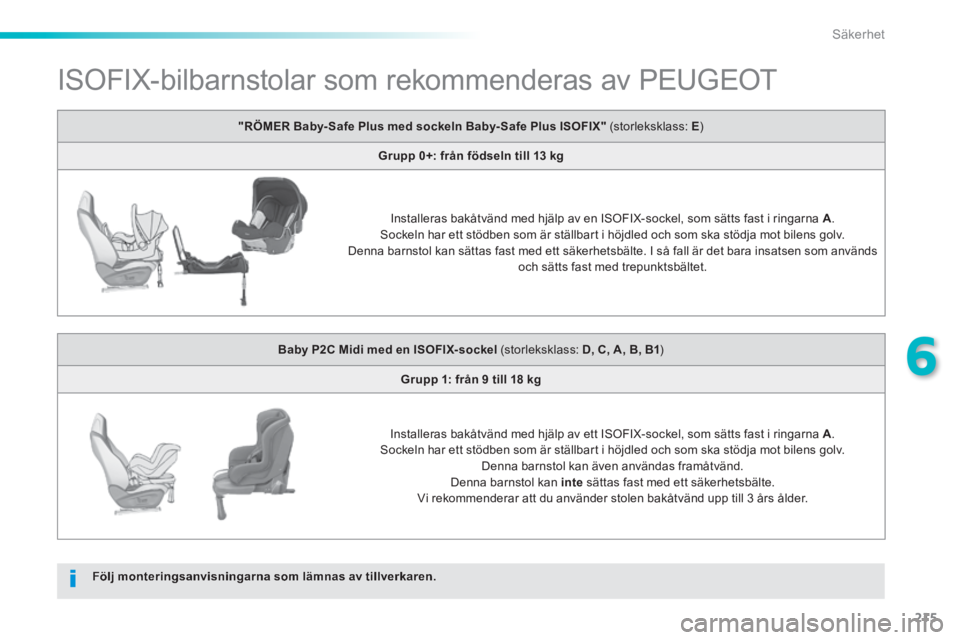 Peugeot 308 2014 Ägarmanual (in Swedish) 215
6
Säkerhet
308_sv_Chap06_securite_ed02-2013
ISOFIX-bilbarnstolar som rekommenderas av PEUGEOT
Följ monteringsanvisningarna som lämnas av tillverkaren.
"RÖMER Baby- Safe Plus m Peugeot 308 2014 Ägarmanual (in Swedish) 215
6
Säkerhet
308_sv_Chap06_securite_ed02-2013
ISOFIX-bilbarnstolar som rekommenderas av PEUGEOT
Följ monteringsanvisningarna som lämnas av tillverkaren.
"RÖMER Baby- Safe Plus m