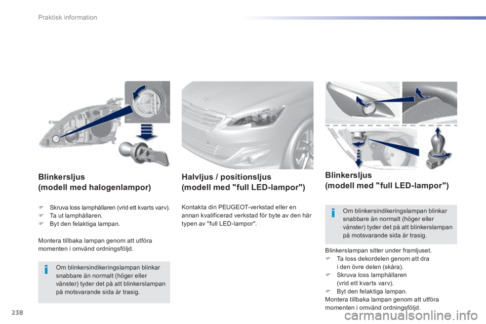 Peugeot 308 2014  Ägarmanual (in Swedish) 238
Praktisk information
308_sv_Chap07_info pratiques_ed02-2013
 Montera tillbaka lampan genom att utföra momenten i omvänd ordningsföljd.  
       Blinkersljus  
(modell med halogenlampor) 
  Om  