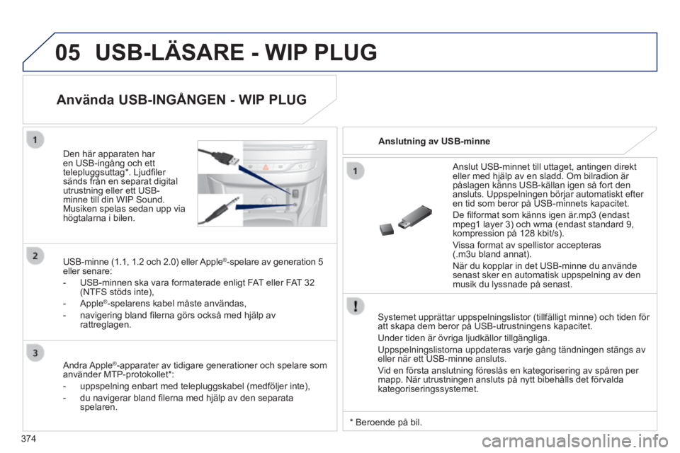 Peugeot 308 2014 Ägarmanual (in Swedish) 05
374
308_sv_Chap10d_RD45_ed02_2013
USB-LÄSARE - WIP PLUG
Systemet upprättar uppspelningslistor (tillfälligt minne) och ti\
den för att skapa dem beror på USB-utrustningens kapacitet.
Unde Peugeot 308 2014 Ägarmanual (in Swedish) 05
374
308_sv_Chap10d_RD45_ed02_2013
USB-LÄSARE - WIP PLUG
Systemet upprättar uppspelningslistor (tillfälligt minne) och ti\
den för att skapa dem beror på USB-utrustningens kapacitet.
Unde