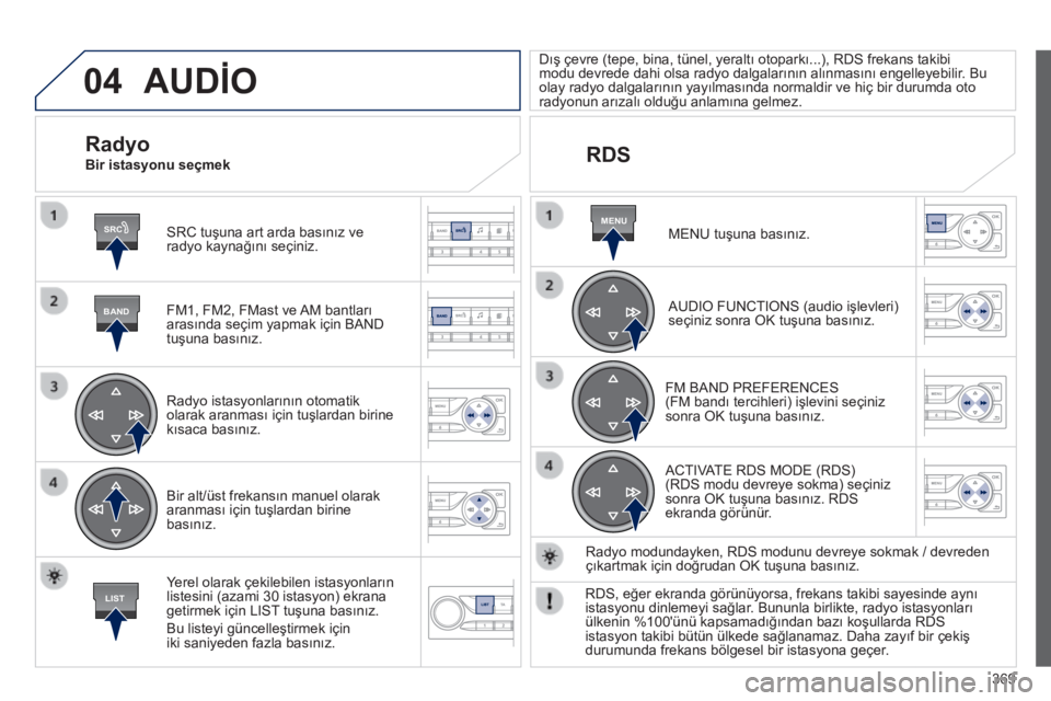 Peugeot 308 2014 Kullanım Kılavuzu (in Turkish) 04
SRC
BAND
LIST
MENU
369
308_TR_CHAP10D_RD45_ED02_2013
AUDİO
SRC tuşuna art arda basınız ve radyo kaynağını seçiniz.
FM1, FM2, FMast ve AM bantları arasında seçim yapmak için BAND Peugeot 308 2014 Kullanım Kılavuzu (in Turkish) 04
SRC
BAND
LIST
MENU
369
308_TR_CHAP10D_RD45_ED02_2013
AUDİO
SRC tuşuna art arda basınız ve radyo kaynağını seçiniz.
FM1, FM2, FMast ve AM bantları arasında seçim yapmak için BAND