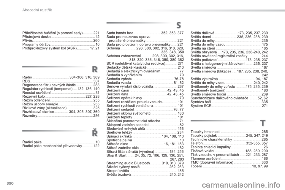 Peugeot 308 2014  Návod k obsluze (in Czech) 390
Abecední rejstřík
308_cs_Chap11_index alpha_ed02-2013
T
Světla dálková .......................173, 235, 237, 239Světla denní .........................235, 236, 238, 239Světla do mlhy ....