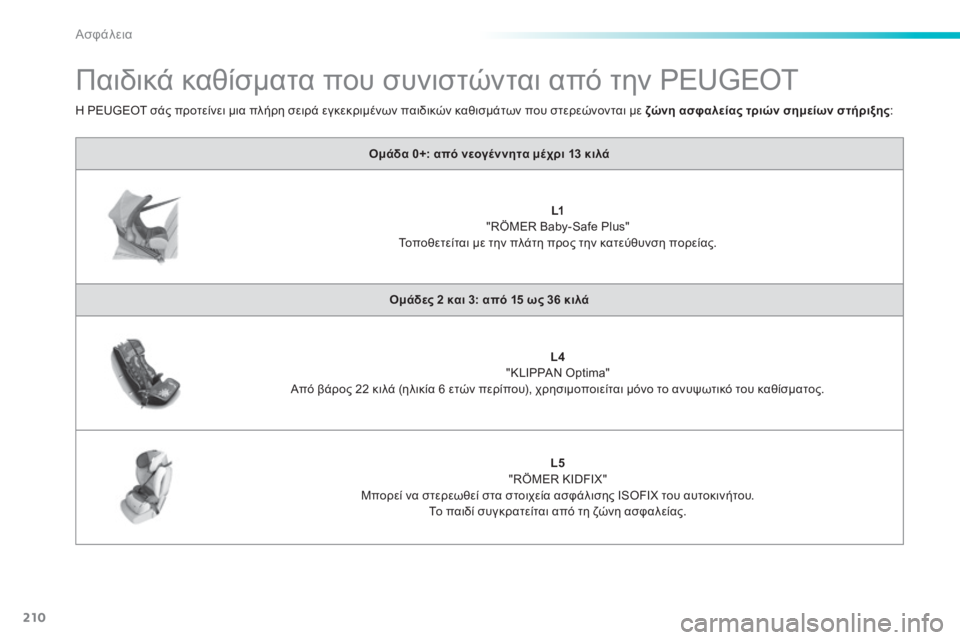 Peugeot 308 2014 Εγχειρίδιο χρήσης (in Greek) 210
Ασφάλεια
308_EL_CHAP06_SECURITE_ED02-2013
Παιδικά καθίσματα που συνιστώνται από την PEUGEOT
Ομάδα 0+: από νεογέννητα μέ Peugeot 308 2014 Εγχειρίδιο χρήσης (in Greek) 210
Ασφάλεια
308_EL_CHAP06_SECURITE_ED02-2013
Παιδικά καθίσματα που συνιστώνται από την PEUGEOT
Ομάδα 0+: από νεογέννητα μέ