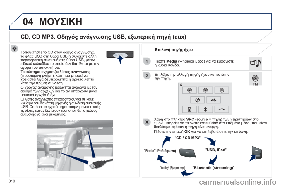 Peugeot 308 2014  Εγχειρίδιο χρήσης (in Greek) 04
310
308_EL_CHAP10C_SMEGPLUS_ED02-2013
               
CD, CD MP3, Οδηγός ανάγνωσης USB, εξωτερική πηγή (aux) 
  Τοποθετήστε το CD στον οδηγό ανά
