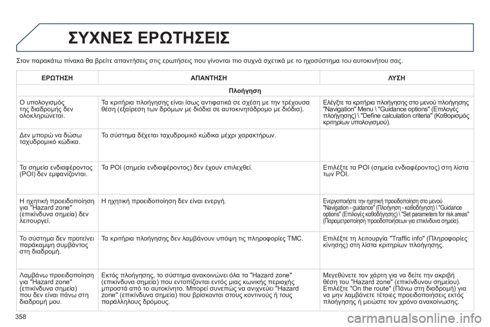 Peugeot 308 2014  Εγχειρίδιο χρήσης (in Greek) 308_EL_CHAP10C_SMEGPLUS_ED02-2013
  Στον παρακάτω πίνακα θα βρείτε απαντήσεις στις ερωτήσεις που γίνονται πιο συχνά σχετικά 