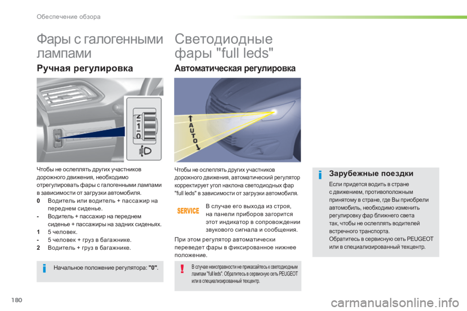 Peugeot 308 2014  Инструкция по эксплуатации (in Russian) 180
Обеспечение обзора
308_RU_CHAP05_VISIBILITE_ED02-2013
       Ф а р ы   с   г а л о г е н н ы м и  
лампами          Светодиодные 
фары "