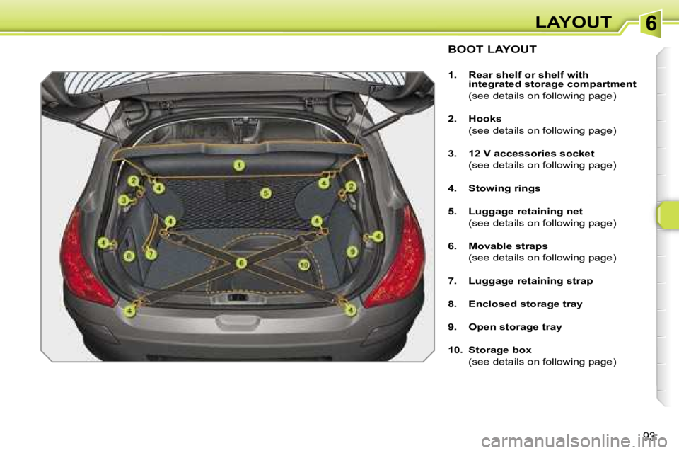 Peugeot 308 2007.5  Owners Manual �9�3
�L�A�Y�O�U�T
�B�O�O�T� �L�A�Y�O�U�T
�1�.�  �R�e�a�r� �s�h�e�l�f� �o�r� �s�h�e�l�f� �w�i�t�h� �i�n�t�e�g�r�a�t�e�d� �s�t�o�r�a�g�e� �c�o�m�p�a�r�t�m�e�n�t
�  �(�s�e�e� �d�e�t�a�i�l�s� �o�n� �f�o�l
