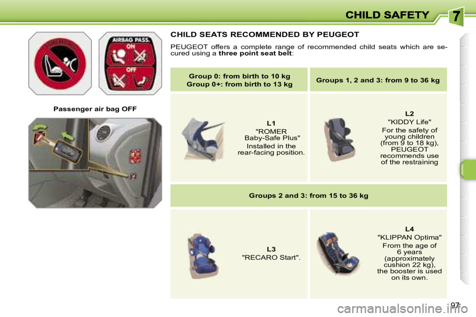 Peugeot 308 2007.5  Owners Manual �9�7
�P�a�s�s�e�n�g�e�r� �a�i�r� �b�a�g� �O�F�F
�C�H�I�L�D� �S�E�A�T�S� �R�E�C�O�M�M�E�N�D�E�D� �B�Y� �P�E�U�G�E�O�T
�P�E�U�G�E�O�T�  �o�f�f�e�r�s�  �a�  �c�o�m�p�l�e�t�e�  �r�a�n�g�e�  �o�f�  �r�e�c�