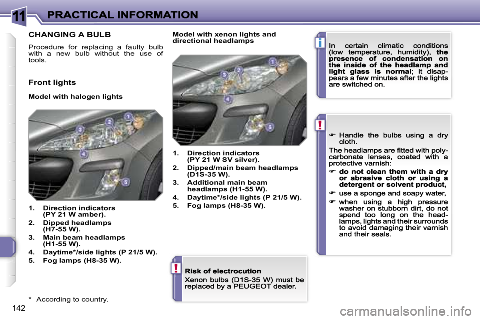 Peugeot 308 2007.5  Owners Manual �1�1
�i
�!
�!
�1�4�2
�*�  �A�c�c�o�r�d�i�n�g� �t�o� �c�o�u�n�t�r�y�.
�C�H�A�N�G�I�N�G� �A� �B�U�L�B
�P�r�o�c�e�d�u�r�e�  �f�o�r�  �r�e�p�l�a�c�i�n�g�  �a�  �f�a�u�l�t�y�  �b�u�l�b� �w�i�t�h�  �a�  �n�