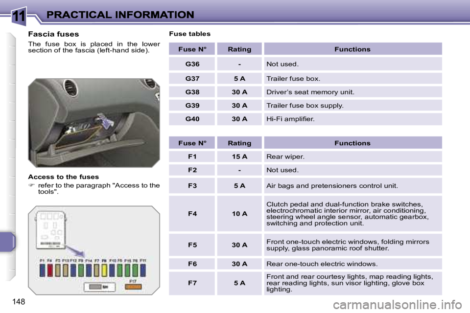 Peugeot 308 2007.5  Owners Manual �1�1
�1�4�8
�F�a�s�c�i�a� �f�u�s�e�s
�T�h�e�  �f�u�s�e�  �b�o�x�  �i�s�  �p�l�a�c�e�d�  �i�n�  �t�h�e�  �l�o�w�e�r� �s�e�c�t�i�o�n� �o�f� �t�h�e� �f�a�s�c�i�a� �(�l�e�f�t�-�h�a�n�d� �s�i�d�e�)�.
�A�c�