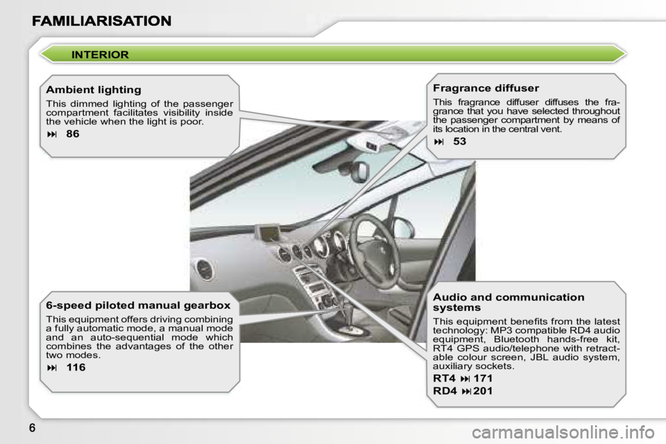 Peugeot 308 2007.5  Owners Manual �I�N�T�E�R�I�O�R
�A�m�b�i�e�n�t� �l�i�g�h�t�i�n�g
�T�h�i�s�  �d�i�m�m�e�d�  �l�i�g�h�t�i�n�g�  �o�f�  �t�h�e�  �p�a�s�s�e�n�g�e�r� �c�o�m�p�a�r�t�m�e�n�t�  �f�a�c�i�l�i�t�a�t�e�s�  �v�i�s�i�b�i�l�i�t�