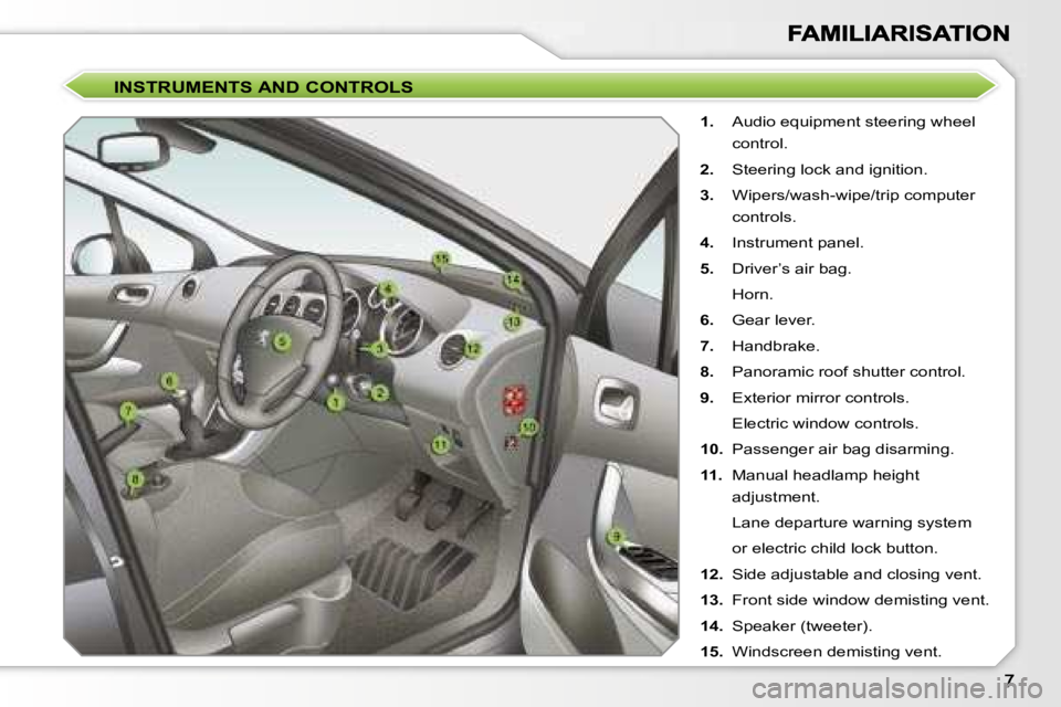 Peugeot 308 2007.5  Owners Manual �I�N�S�T�R�U�M�E�N�T�S� �A�N�D� �C�O�N�T�R�O�L�S
�1�.�  �A�u�d�i�o� �e�q�u�i�p�m�e�n�t� �s�t�e�e�r�i�n�g� �w�h�e�e�l� 
�c�o�n�t�r�o�l�.
�2�.� �S�t�e�e�r�i�n�g� �l�o�c�k� �a�n�d� �i�g�n�i�t�i�o�n�.
�3�