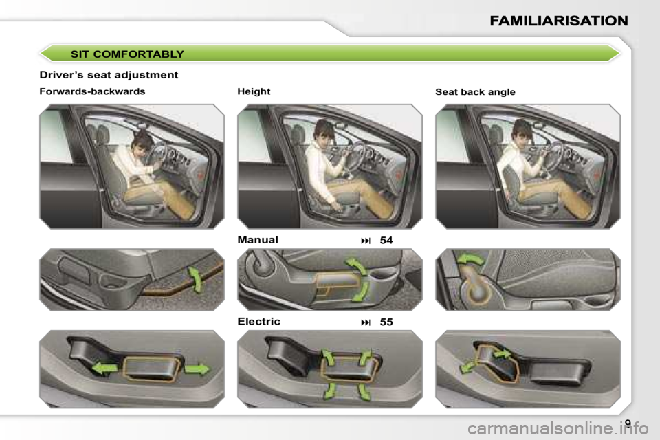 Peugeot 308 2007.5  Owners Manual �S�I�T� �C�O�M�F�O�R�T�A�B�L�Y
�D�r�i�v�e�r�’�s� �s�e�a�t� �a�d�j�u�s�t�m�e�n�t
�M�a�n�u�a�l
�E�l�e�c�t�r�i�c
�F�o�r�w�a�r�d�s�-�b�a�c�k�w�a�r�d�s
��5�4
��5�5
�S�e�a�t� �b�a�c�k� �a�n�g�l�e�H�