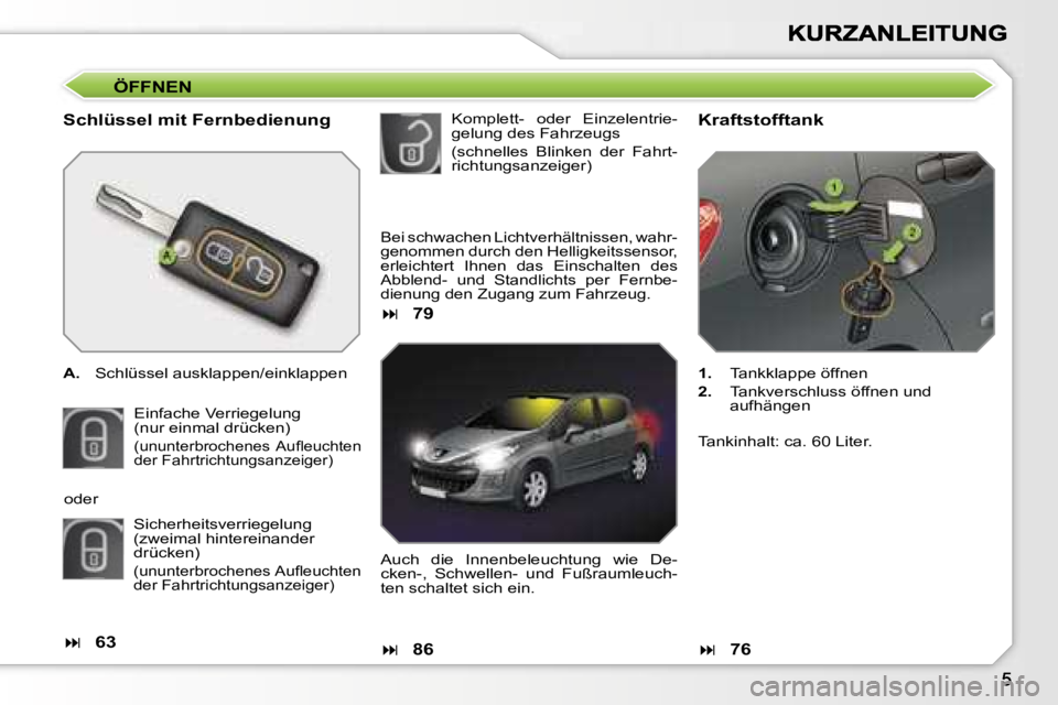 Peugeot 308 2007.5  Betriebsanleitung (in German) �Ö�F�F�N�E�N
�S�c�h�l�ü�s�s�e�l� �m�i�t� �F�e�r�n�b�e�d�i�e�n�u�n�g
�A�.�  �S�c�h�l�ü�s�s�e�l� �a�u�s�k�l�a�p�p�e�n�/�e�i�n�k�l�a�p�p�e�n
�E�i�n�f�a�c�h�e� �V�e�r�r�i�e�g�e�l�u�n�g�(�n�u�r� �e�i�n�