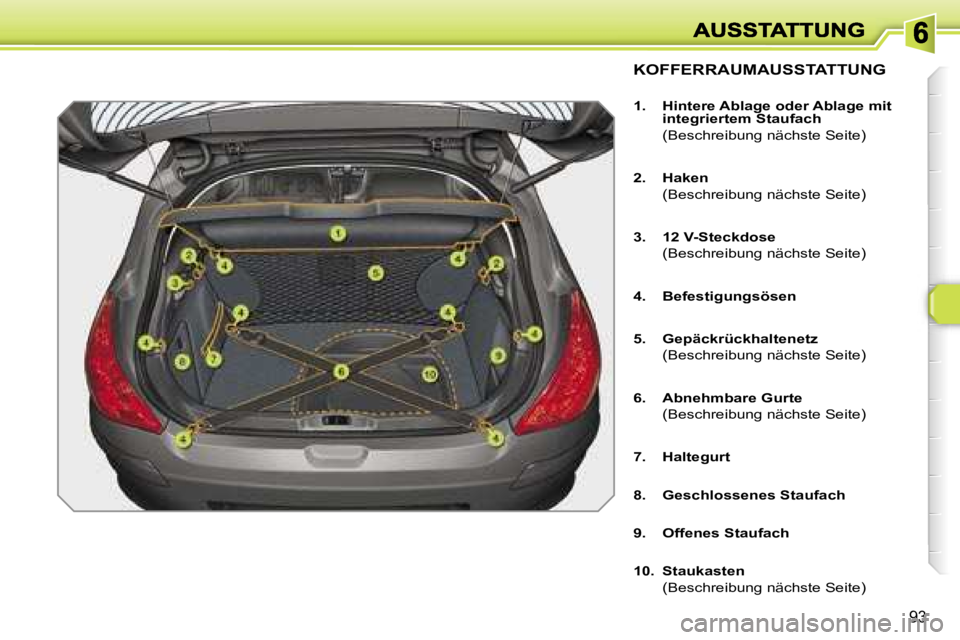 Peugeot 308 2007.5  Betriebsanleitung (in German) �9�3
�K�O�F�F�E�R�R�A�U�M�A�U�S�S�T�A�T�T�U�N�G
�1�.�  �H�i�n�t�e�r�e� �A�b�l�a�g�e� �o�d�e�r� �A�b�l�a�g�e� �m�i�t� �i�n�t�e�g�r�i�e�r�t�e�m� �S�t�a�u�f�a�c�h� 
�  �(�B�e�s�c�h�r�e�i�b�u�n�g� �n�ä�c