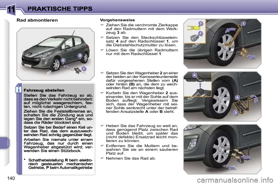 Peugeot 308 2007.5  Betriebsanleitung (in German) �1�1
�i
�1�4�0
�R�a�d� �a�b�m�o�n�t�i�e�r�e�n�V�o�r�g�e�h�e�n�s�w�e�i�s�e
��  �Z�i�e�h�e�n� �S�i�e� �d�i�e� �v�e�r�c�h�r�o�m�t�e� �Z�i�e�r�k�a�p�p�e� �a�u�f�  �d�e�n�  �R�a�d�m�u�t�t�e�r�n�  �m�i�t