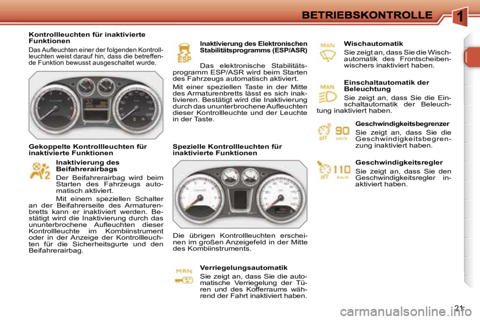 Peugeot 308 2007.5  Betriebsanleitung (in German) �2�1
�K�o�n�t�r�o�l�l�l�e�u�c�h�t�e�n� �f�ü�r� �i�n�a�k�t�i�v�i�e�r�t�e� �F�u�n�k�t�i�o�n�e�n
�D�a�s� �A�u�ﬂ�e�u�c�h�t�e�n� �e�i�n�e�r� �d�e�r� �f�o�l�g�e�n�d�e�n� �K�o�n�t�r�o�l�l�-�l�e�u�c�h�t�e�
