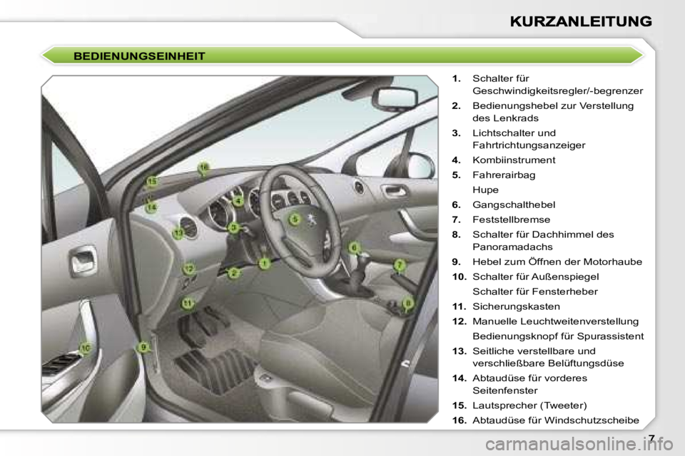 Peugeot 308 2007.5  Betriebsanleitung (in German) �B�E�D�I�E�N�U�N�G�S�E�I�N�H�E�I�T
�1�.�  �S�c�h�a�l�t�e�r� �f�ü�r� 
�G�e�s�c�h�w�i�n�d�i�g�k�e�i�t�s�r�e�g�l�e�r�/�-�b�e�g�r�e�n�z�e�r� 
�2�.�  �B�e�d�i�e�n�u�n�g�s�h�e�b�e�l� �z�u�r� �V�e�r�s�t�e�l