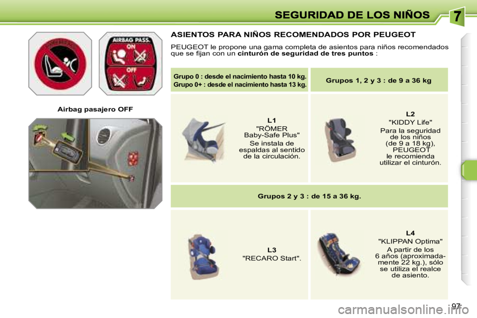 Peugeot 308 2007.5  Manual del propietario (in Spanish) �9�7
�A�i�r�b�a�g� �p�a�s�a�j�e�r�o� �O�F�F
�A�S�I�E�N�T�O�S� �P�A�R�A� �N�I�Ñ�O�S� �R�E�C�O�M�E�N�D�A�D�O�S� �P�O�R� �P�E�U�G�E�O�T
�P�E�U�G�E�O�T� �l�e� �p�r�o�p�o�n�e� �u�n�a� �g�a�m�a� �c�o�m�p�l