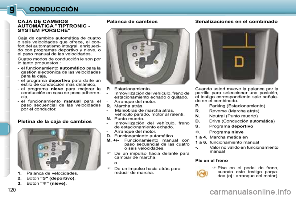 Peugeot 308 2007.5  Manual del propietario (in Spanish) �1�2�0
�C�A�J�A� �D�E� �C�A�M�B�I�O�S�  
�A�U�T�O�M�Á�T�I�C�A� �"�T�I�P�T�R�O�N�I�C� �-� 
�S�Y�S�T�E�M� �P�O�R�S�C�H�E�"
�C�a�j�a�  �d�e�  �c�a�m�b�i�o�s�  �a�u�t�o�m�á�t�i�c�a�  �d�e�  �c�u