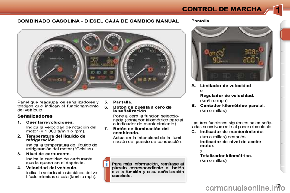 Peugeot 308 2007.5  Manual del propietario (in Spanish) �i
�1�7
�C�O�M�B�I�N�A�D�O� �G�A�S�O�L�I�N�A� �-� �D�I�E�S�E�L� �C�A�J�A� �D�E� �C�A�M�B�I�O�S� �M�A�N�U�A�L
�P�a�n�e�l� �q�u�e� �r�e�a�g�r�u�p�a� �l�o�s� �s�e�ñ�a�l�i�z�a�d�o�r�e�s� �y� �t�e�s�t�i�g