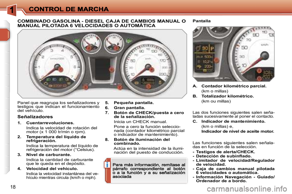 Peugeot 308 2007.5  Manual del propietario (in Spanish) �i
�1�8
�C�O�M�B�I�N�A�D�O� �G�A�S�O�L�I�N�A� �-� �D�I�E�S�E�L� �C�A�J�A� �D�E� �C�A�M�B�I�O�S� �M�A�N�U�A�L� �O�  
�M�A�N�U�A�L� �P�I�L�O�T�A�D�A� �6� �V�E�L�O�C�I�D�A�D�E�S� �O� �A�U�T�O�M�Á�T�I�C�