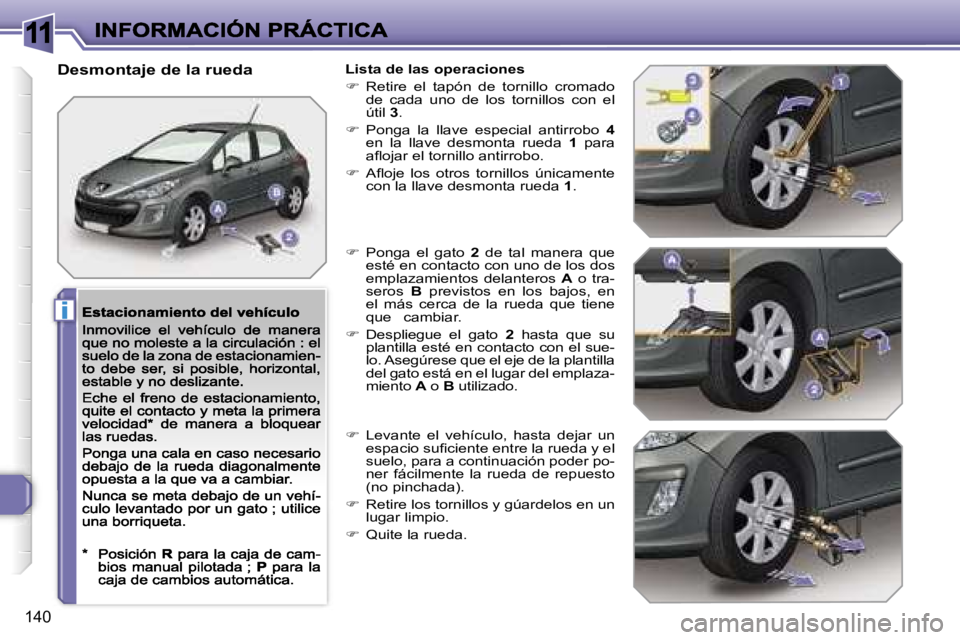 Peugeot 308 2007.5  Manual del propietario (in Spanish) �1�1
�i
�1�4�0
�D�e�s�m�o�n�t�a�j�e� �d�e� �l�a� �r�u�e�d�a�L�i�s�t�a� �d�e� �l�a�s� �o�p�e�r�a�c�i�o�n�e�s
��  �R�e�t�i�r�e�  �e�l�  �t�a�p�ó�n�  �d�e�  �t�o�r�n�i�l�l�o�  �c�r�o�m�a�d�o� �d�e�  