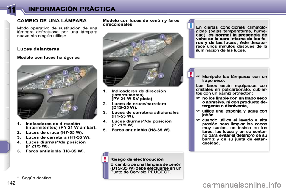 Peugeot 308 2007.5  Manual del propietario (in Spanish) �1�1
�i
�!
�!
�1�4�2
�*�  �S�e�g�ú�n� �d�e�s�t�i�n�o�.
�C�A�M�B�I�O� �D�E� �U�N�A� �L�Á�M�P�A�R�A
�M�o�d�o�  �o�p�e�r�a�t�i�v�o�  �d�e�  �s�u�s�t�i�t�u�c�i�ó�n�  �d�e�  �u�n�a� �l�á�m�p�a�r�a�  �d