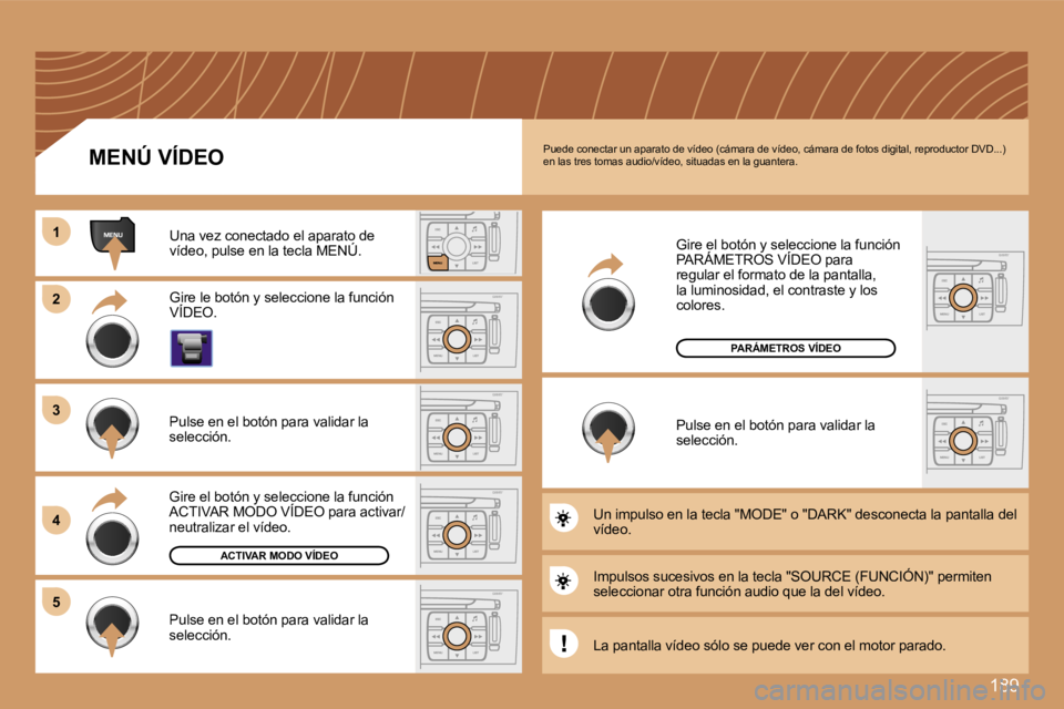 Peugeot 308 2007.5  Manual del propietario (in Spanish) �1�8�9
�1�1
�2�2
�3�3
�4�4
�5�5
�P�u�e�d�e� �c�o�n�e�c�t�a�r� �u�n� �a�p�a�r�a�t�o� �d�e� �v�í�d�e�o� �(�c�á�m�a�r�a� �d�e� �v�í�d�e�o�,� �c�á�m�a�r�a� �d�e� �f�o�t�o�s� �d�i�g�i�t�a�l�,� �r�e�p�r