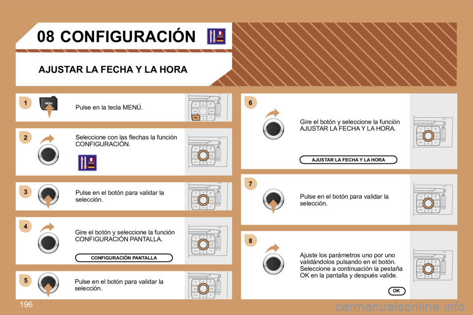 Peugeot 308 2007.5  Manual del propietario (in Spanish) �1�9�6
�1�1
�2�2
�3�3
�4�4
�5�5
�6�6
�7�7
�8�8
�0�8�C�O�N�F�I�G�U�R�A�C�I�Ó�N
�A�J�U�S�T�A�R� �L�A� �F�E�C�H�A� �Y� �L�A� �H�O�R�A
�P�u�l�s�e� �e�n� �l�a� �t�e�c�l�a� �M�E�N�Ú�.
�S�e�l�e�c�c�i�o�n�e