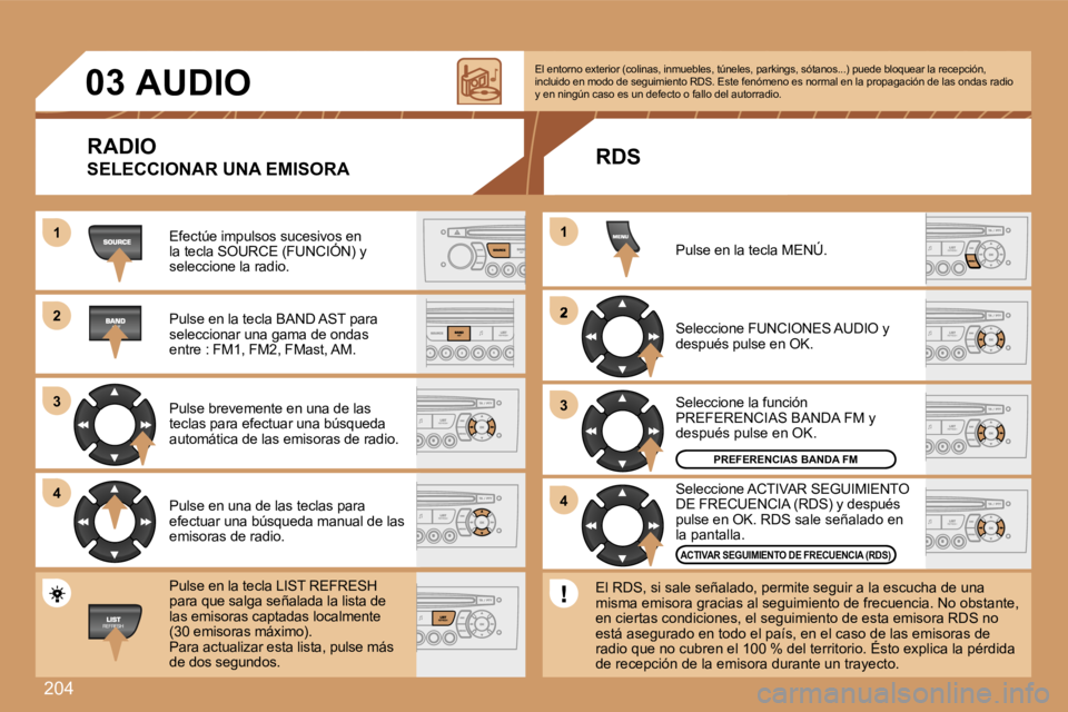 Peugeot 308 2007.5  Manual del propietario (in Spanish) �2�0�4
�1�1
�2�2
�3�3
�4�4
�2
�4�4
�3�3
�1�1
�0�3�A�U�D�I�O
�R�A�D�I�O
�S�E�L�E�C�C�I�O�N�A�R� �U�N�A� �E�M�I�S�O�R�A
�E�f�e�c�t�ú�e� �i�m�p�u�l�s�o�s� �s�u�c�e�s�i�v�o�s� �e�n� �l�a� �t�e�c�l�a� �S�