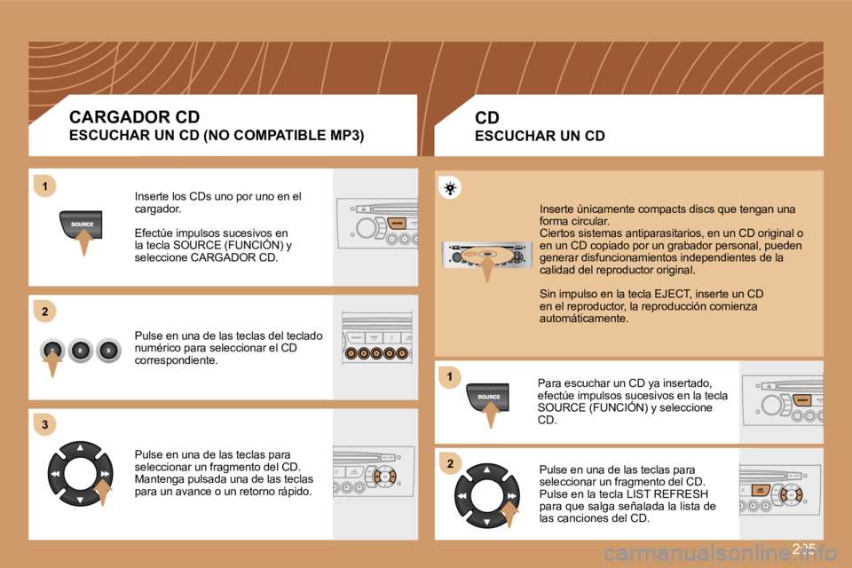 Peugeot 308 2007.5  Manual del propietario (in Spanish) �2�0�5
�1�1
�2�2
�3�3
�1
�2�2
�C�A�R�G�A�D�O�R� �C�D
�E�S�C�U�C�H�A�R� �U�N� �C�D� �(�N�O� �C�O�M�P�A�T�I�B�L�E� �M�P�3�)
�I�n�s�e�r�t�e� �l�o�s� �C�D�s� �u�n�o� �p�o�r� �u�n�o� �e�n� �e�l� �c�a�r�g�a