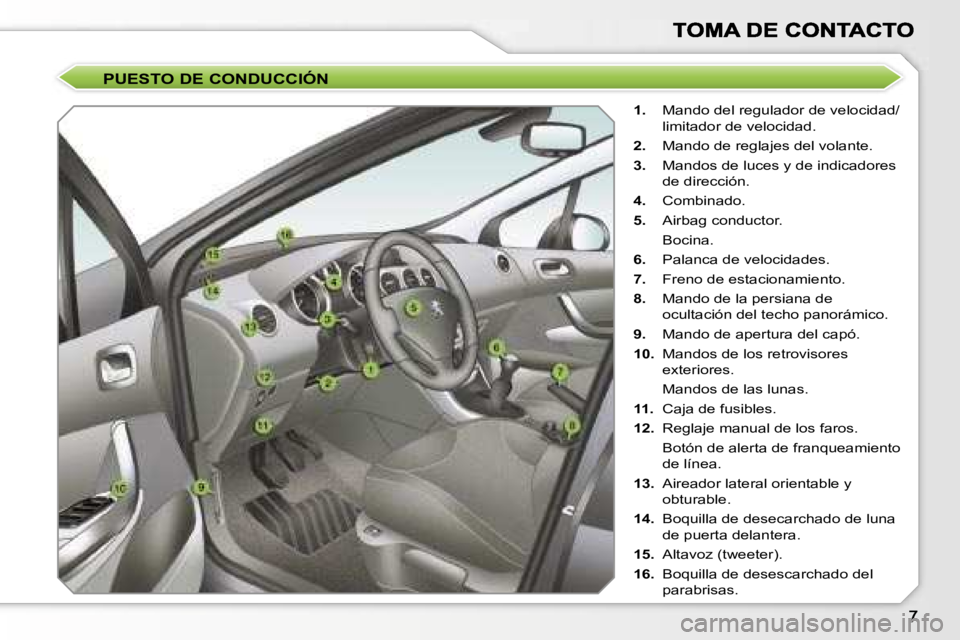 Peugeot 308 2007.5  Manual del propietario (in Spanish) �P�U�E�S�T�O� �D�E� �C�O�N�D�U�C�C�I�Ó�N
�1�.�  �M�a�n�d�o� �d�e�l� �r�e�g�u�l�a�d�o�r� �d�e� �v�e�l�o�c�i�d�a�d�/�l�i�m�i�t�a�d�o�r� �d�e� �v�e�l�o�c�i�d�a�d�.
�2�.�  �M�a�n�d�o� �d�e� �r�e�g�l�a�j�