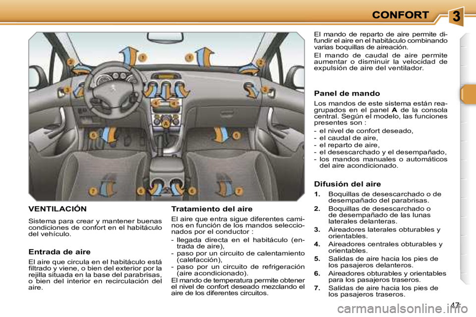 Peugeot 308 2007.5  Manual del propietario (in Spanish) �4�7
�V�E�N�T�I�L�A�C�I�Ó�N
�S�i�s�t�e�m�a� �p�a�r�a� �c�r�e�a�r� �y� �m�a�n�t�e�n�e�r� �b�u�e�n�a�s� �c�o�n�d�i�c�i�o�n�e�s� �d�e� �c�o�n�f�o�r�t� �e�n� �e�l� �h�a�b�i�t�á�c�u�l�o� �d�e�l� �v�e�h��