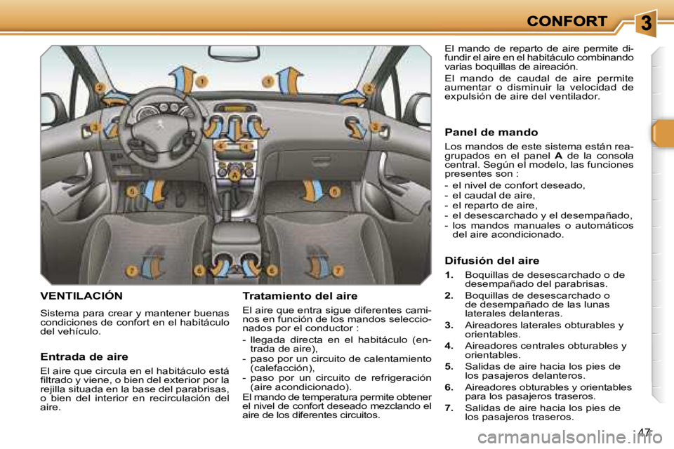 Peugeot 308 2007.5  Manual del propietario (in Spanish) �4�7
�V�E�N�T�I�L�A�C�I�Ó�N
�S�i�s�t�e�m�a� �p�a�r�a� �c�r�e�a�r� �y� �m�a�n�t�e�n�e�r� �b�u�e�n�a�s� �c�o�n�d�i�c�i�o�n�e�s� �d�e� �c�o�n�f�o�r�t� �e�n� �e�l� �h�a�b�i�t�á�c�u�l�o� �d�e�l� �v�e�h�