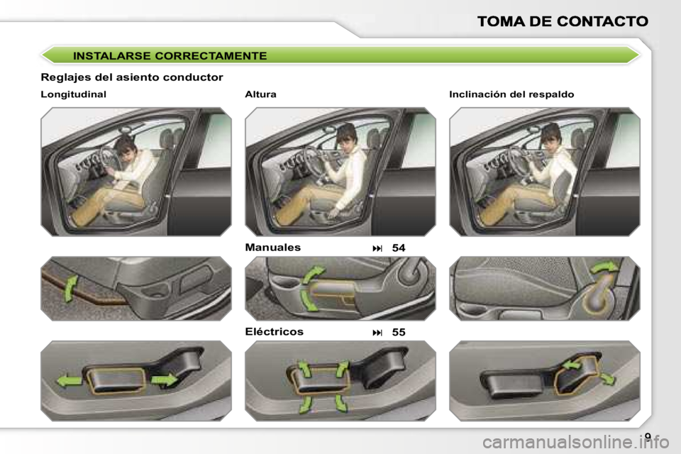 Peugeot 308 2007.5  Manual del propietario (in Spanish) �I�N�S�T�A�L�A�R�S�E� �C�O�R�R�E�C�T�A�M�E�N�T�E
�R�e�g�l�a�j�e�s� �d�e�l� �a�s�i�e�n�t�o� �c�o�n�d�u�c�t�o�r
�M�a�n�u�a�l�e�s
�E�l�é�c�t�r�i�c�o�s
�L�o�n�g�i�t�u�d�i�n�a�l
��5�4
��5�5
�I�n�c�l