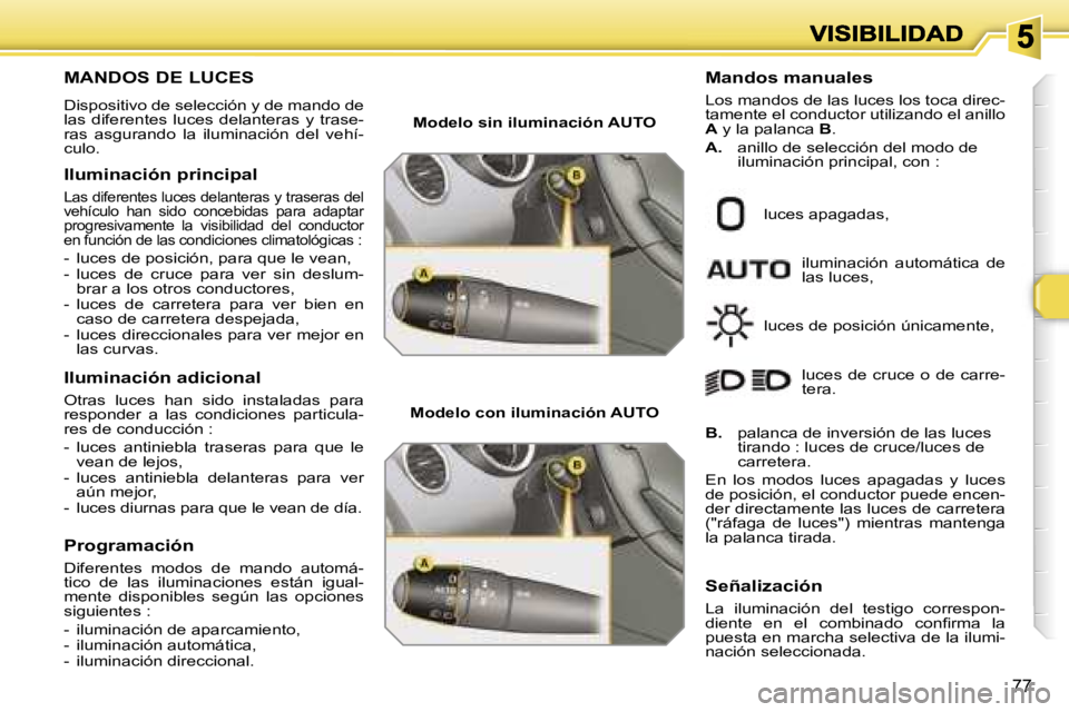 Peugeot 308 2007.5  Manual del propietario (in Spanish) �7�7
�M�A�N�D�O�S� �D�E� �L�U�C�E�S� 
�D�i�s�p�o�s�i�t�i�v�o� �d�e� �s�e�l�e�c�c�i�ó�n� �y� �d�e� �m�a�n�d�o� �d�e� �l�a�s�  �d�i�f�e�r�e�n�t�e�s�  �l�u�c�e�s�  �d�e�l�a�n�t�e�r�a�s�  �y�  �t�r�a�s�e