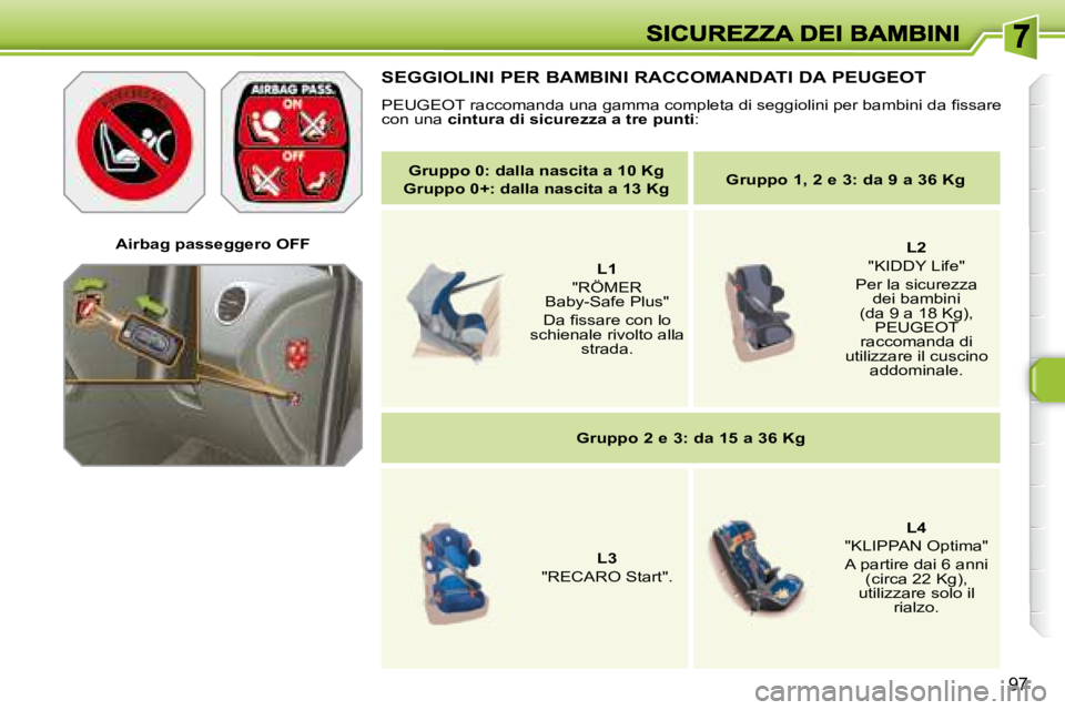 Peugeot 308 2007.5  Manuale del proprietario (in Italian) 97
Airbag passeggero OFF
SEGGIOLINI PER BAMBINI RACCOMANDATI DA PEUGEOT
�P�E�U�G�E�O�T� �r�a�c�c�o�m�a�n�d�a� �u�n�a� �g�a�m�m�a� �c�o�m�p�l�e�t�a� �d�i� �s�e�g�g�i�o�l�i�n�i� �p�e�r� �b�a�m�b�i�n�i� 