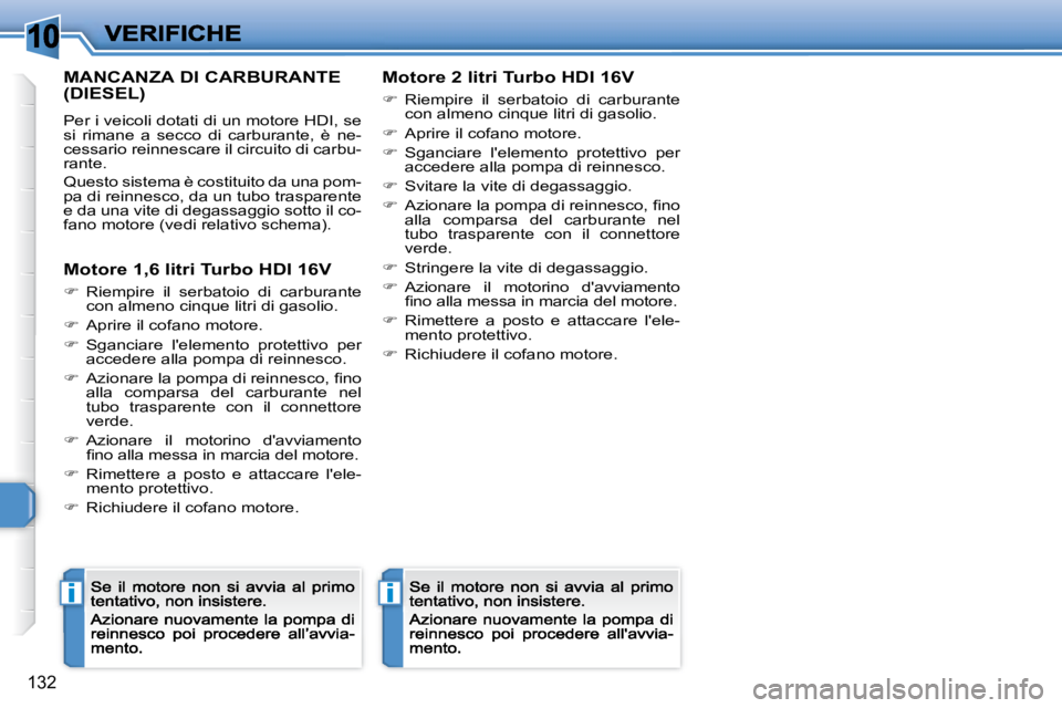 Peugeot 308 2007.5  Manuale del proprietario (in Italian) 10
ii
132
MANCANZA DI CARBURANTE  
(DIESEL)
Per i veicoli dotati di un motore HDI, se si  rimane  a  secco  di  carburante,  è  ne-cessario reinnescare il circuito di carbu-rante.
Questo sistema è c