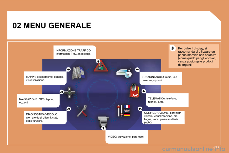 Peugeot 308 2007.5  Manuale del proprietario (in Italian) 173
02MENU GENERALE
MAPPA: orientamento, dettagli, visualizzazione.FUNZIONI AUDIO: radio, CD, �J�u�k�e�b�o�x�,� �o�p�z�i�o�n�i�.
Per pulire il display, si raccomanda di utilizzare un panno morbido non